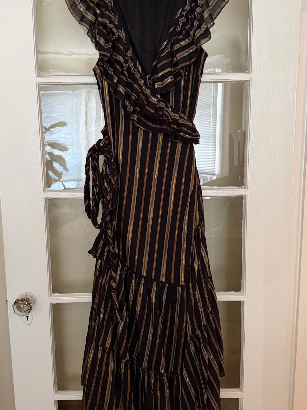 Apiece Apart Black and Gold Striped Ruffle Wrap Dress